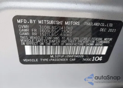 2022 Mitsubishi Mirage G4 Black Edition/Es/Le z USA, uszkodzony, nr VIN ML32FUFJ2NHF04028